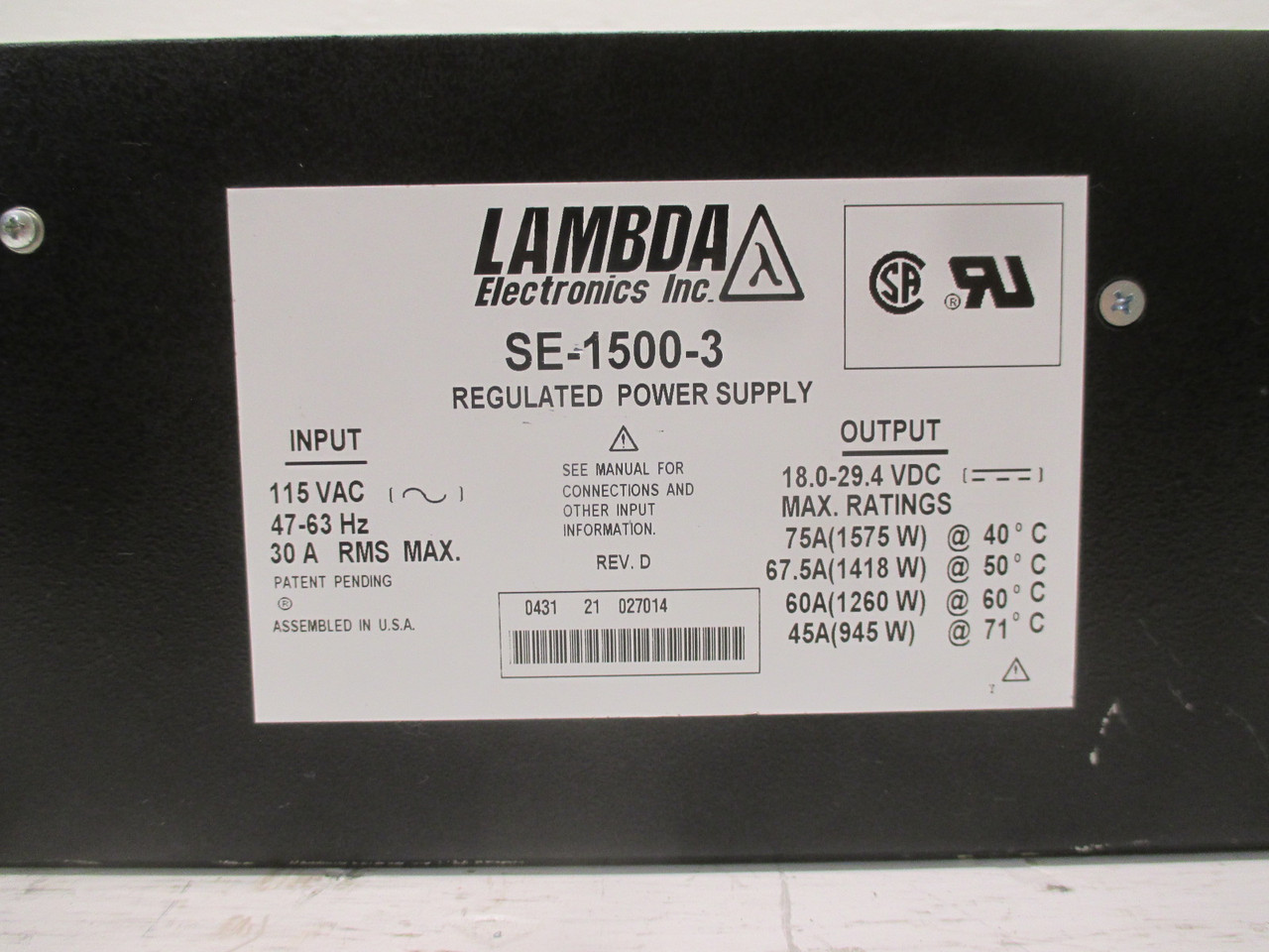 LAMBDA SE-1500-3 115VAC 30A Regulated Power Supply Rev D SE15003 (AH0012-1)