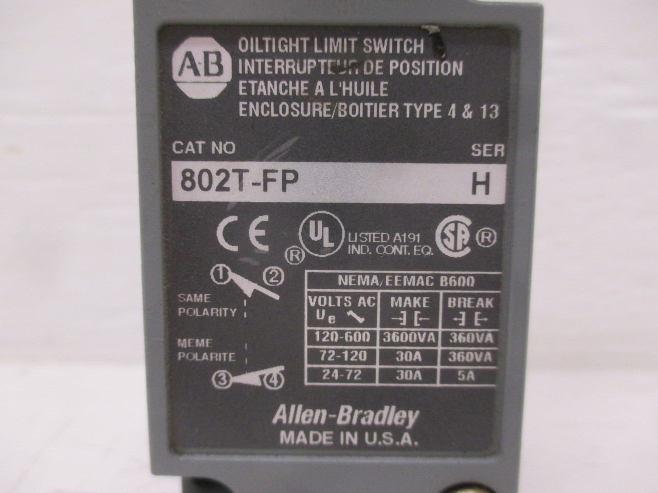 Allen Bradley 802T-FP Ser H Oil Tight Limit Switch 802TFP Series H AB (AH0036-1)