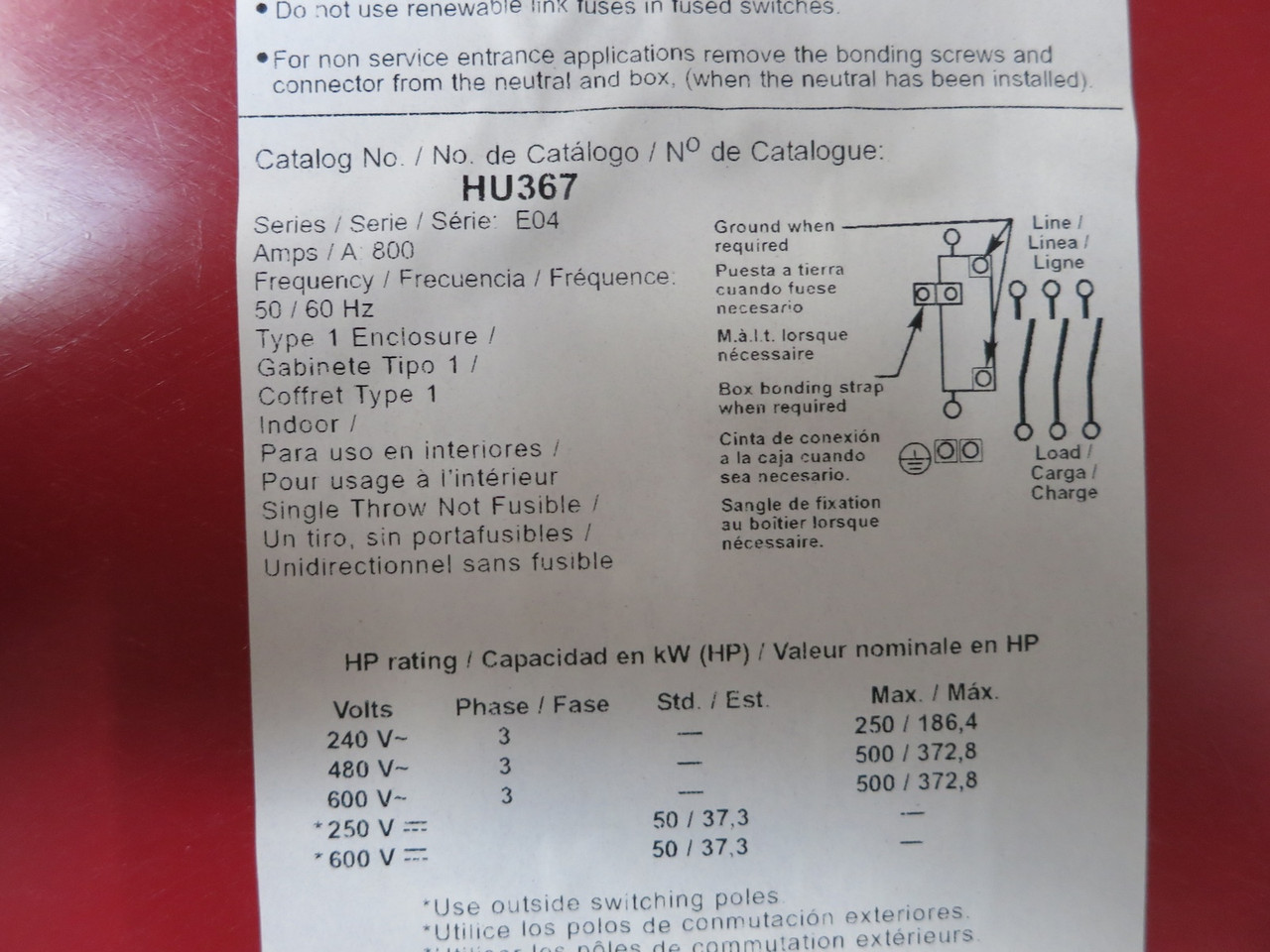 Square D HU367 800A 600V Non-Fusible Safety Switch Disconnect 800 Amp HU-367 E04 (DW6600-1)