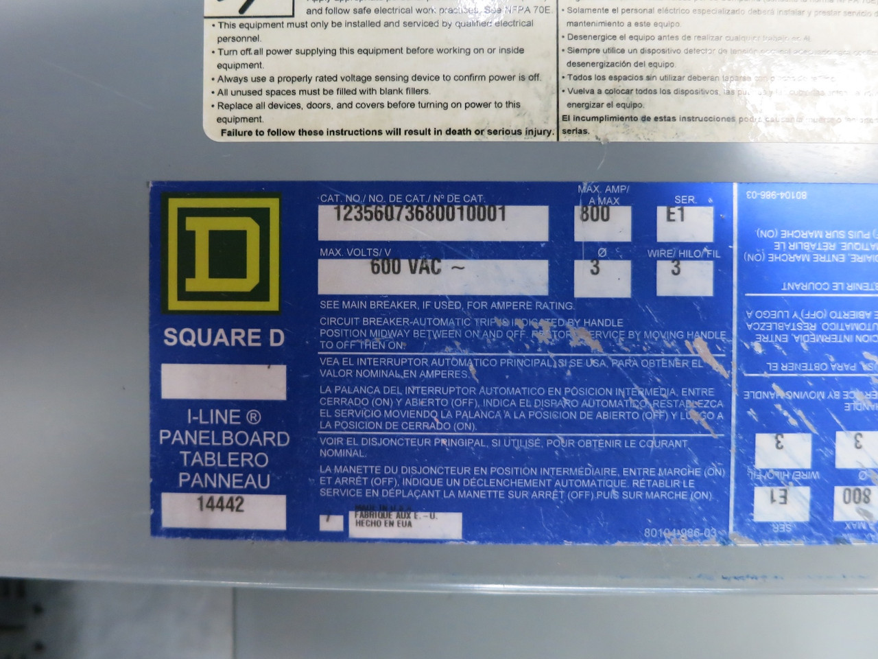 Square D 800A I-Line Panel Board 600V 3PH 3W Main Lugs 800 Amp MLO HC3264WP 3R (DW6611-1)