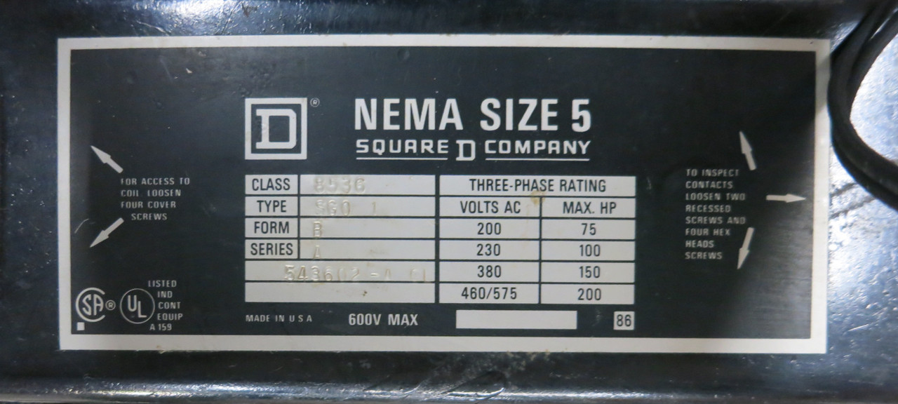 Square D Model 4 Size 5 Starter 250 Amp Breaker 71" MCC Motor Control Bucket Sz5 (BJ0894-1)
