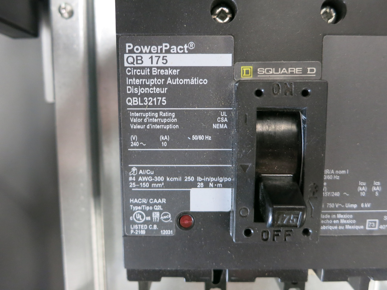 Square D 175A NQ Panel Board Main Breaker 208Y/120V 3PH 4W 175 Amp QBL32175 3R (DW6626-2)