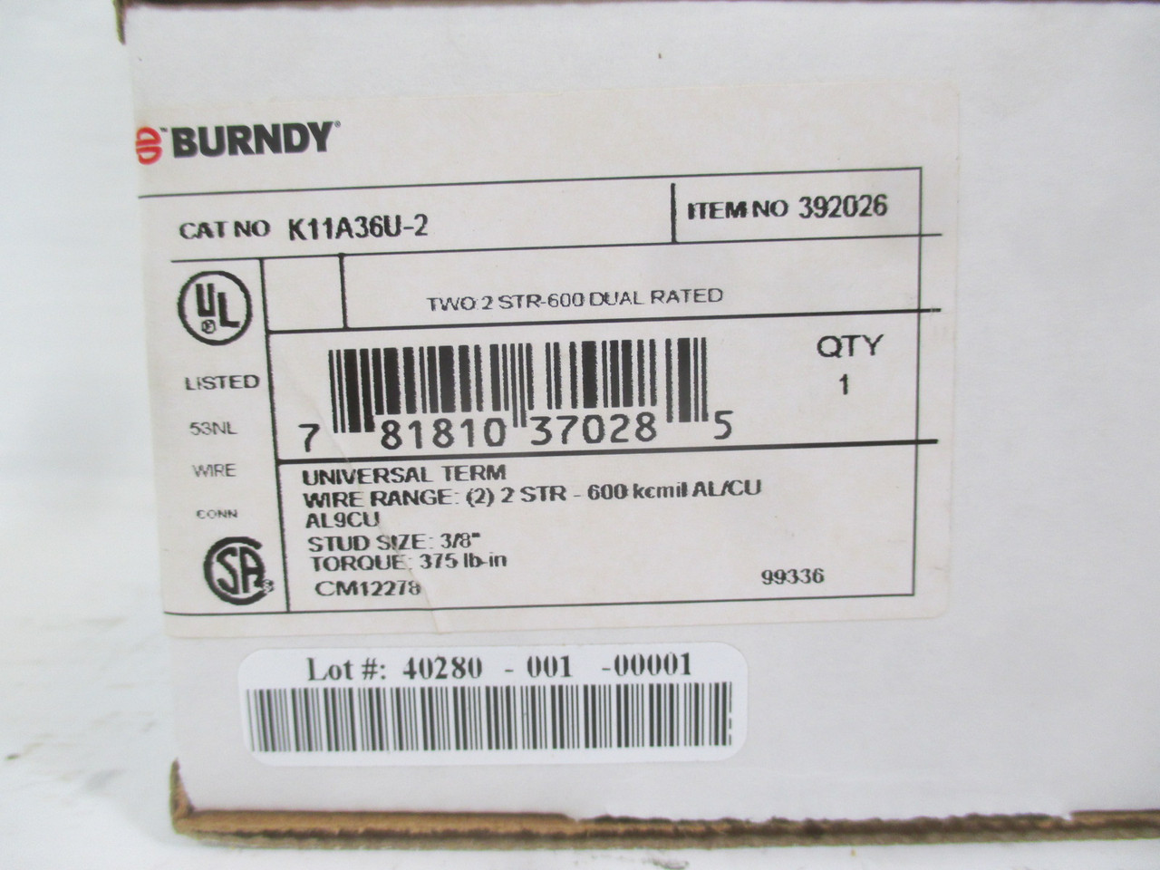 NEW Burndy K11A36U-2 392026 2 STR-600 Dual Rated Lug AL9CU Stud Size: 3/8" NIB (AH0122-216)