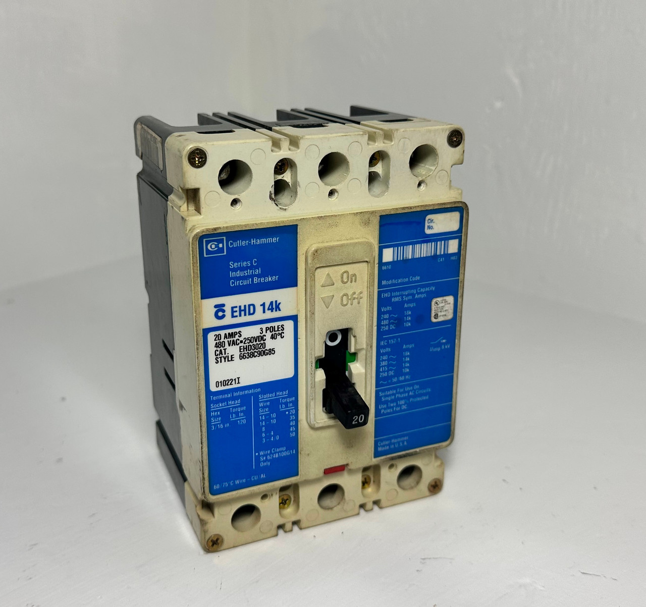 Image of Cutler Hammer EHD3020 20A Circuit Breaker Glossy Blue 480 VAC 3P 20 Amp EHD 14k