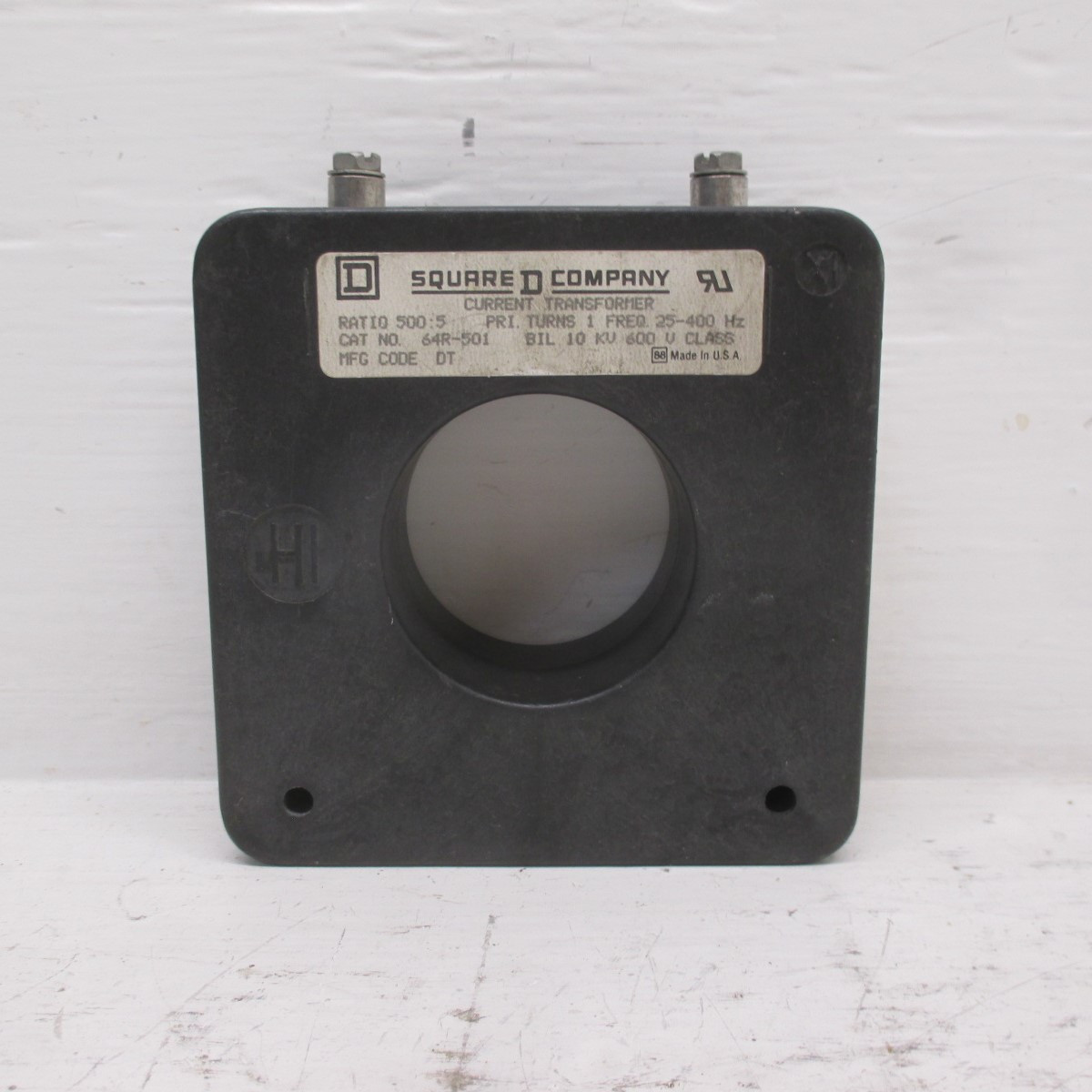 Square D 64R-501 500:5 Current Transformer CT 25-400Hz BIL 10 KV 600 V 64R501 (AH0165-3)