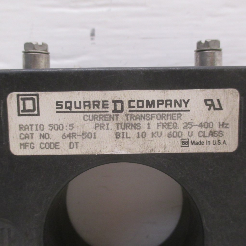 Square D 64R-501 500:5 Current Transformer CT 25-400Hz BIL 10 KV 600 V 64R501 (AH0165-3)