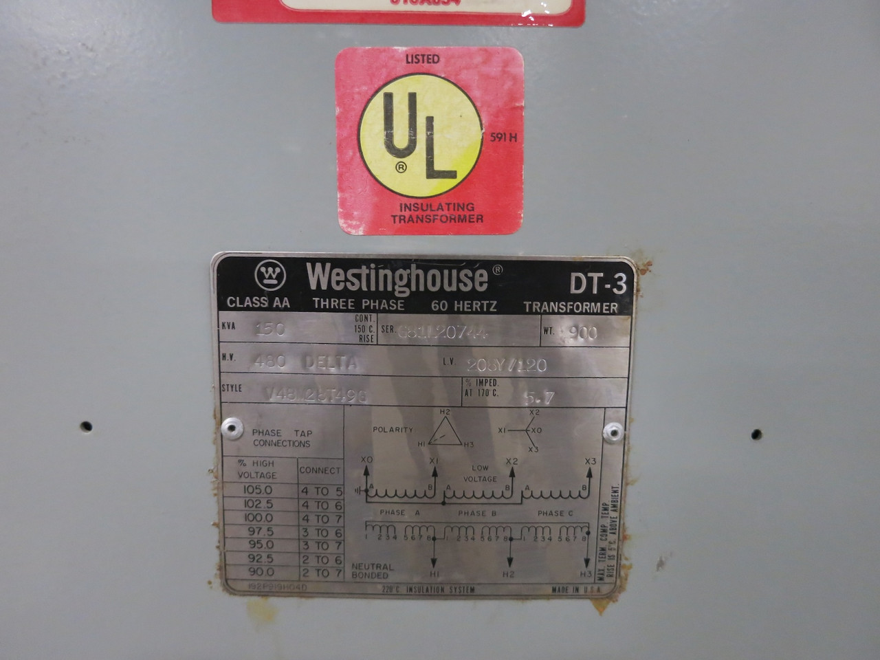 Westinghouse 150 kVA 480 Delta to 208Y/120 V 3PH Dry Type Transformer V48M28T49G (DW6669-5)
