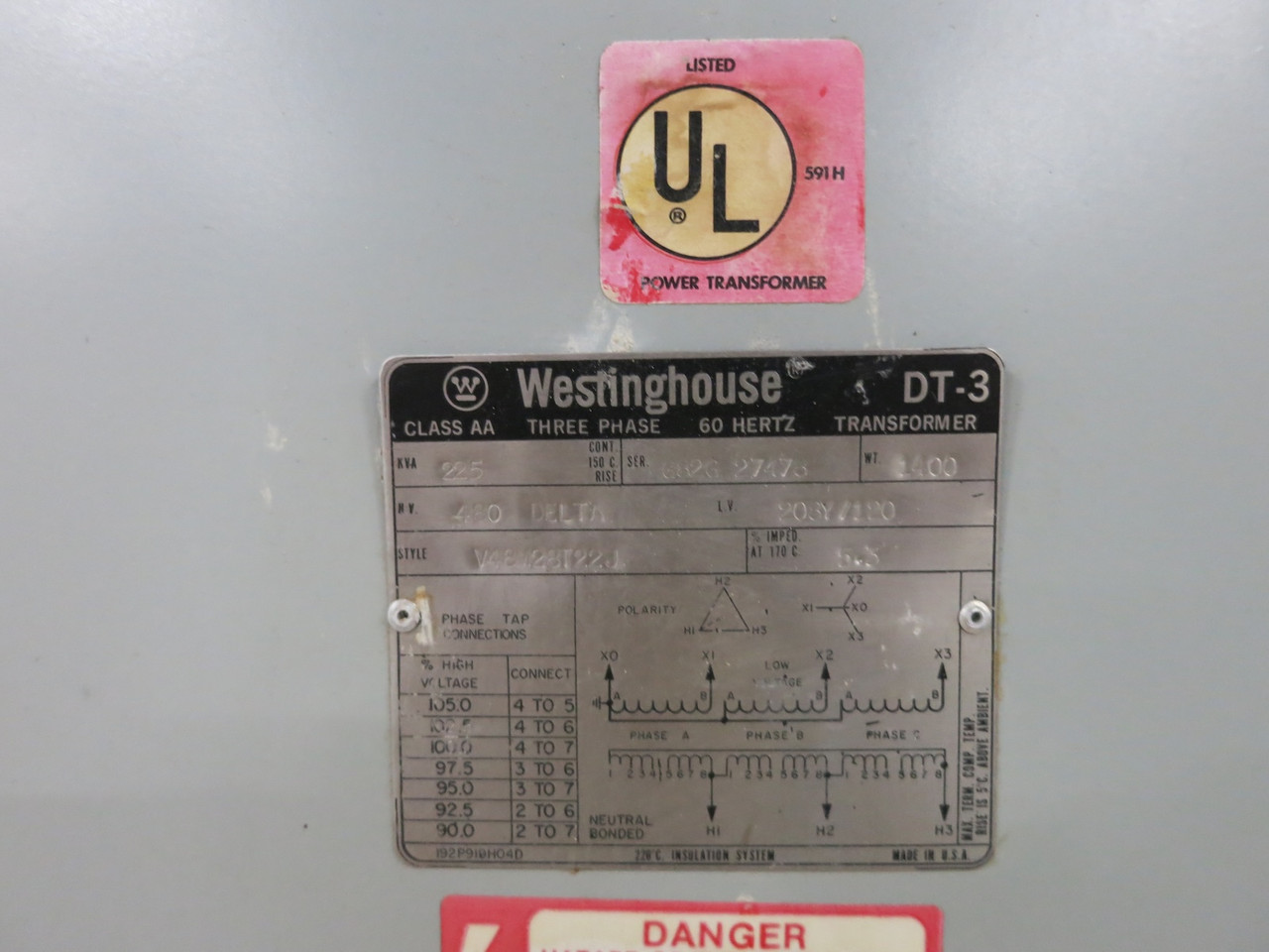 Westinghouse 225 kVA 480 Delta to 208Y/120 V 3PH Dry Type Transformer V48M28T22J (DW6675-1)