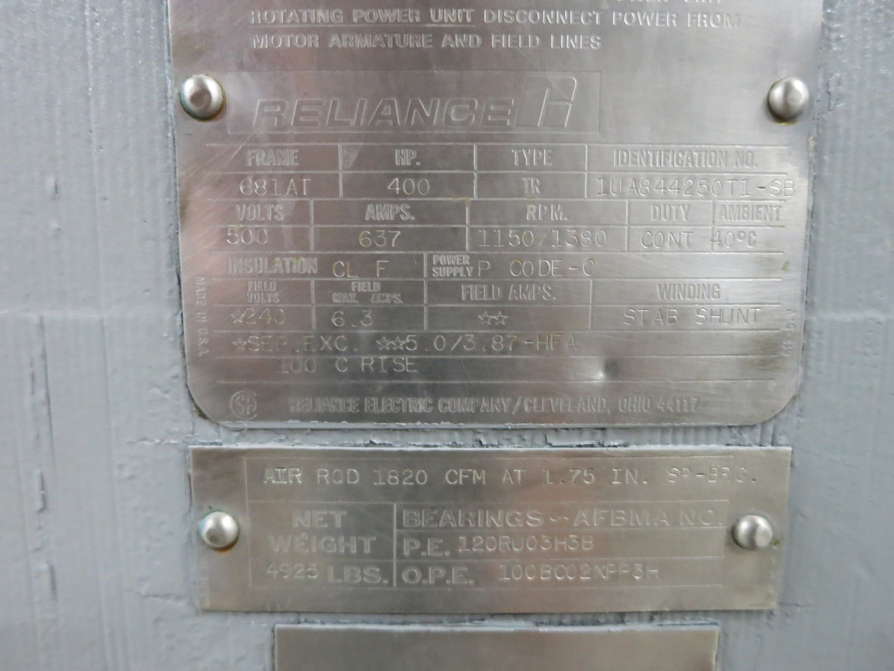REBUILT Reliance 400 HP DC Motor 681AT 500V 1150/1380 RPM Type TR 637A 500 VDC (DW6679-1)