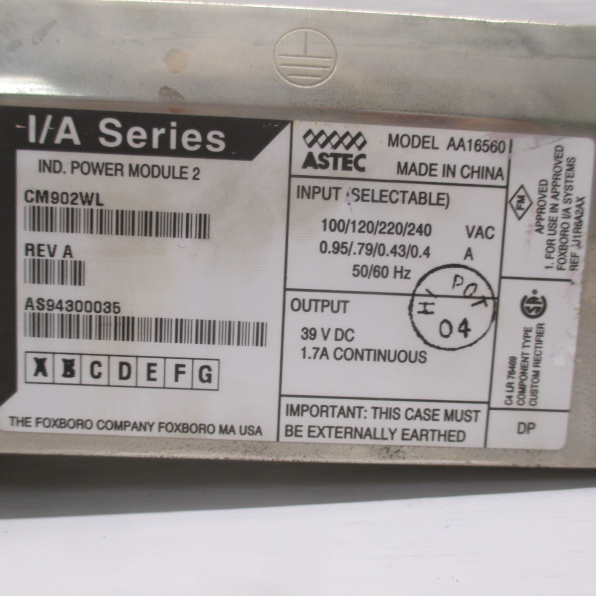I/A Series Foxboro CM902WL (Rev A) AA16560 Ind. Power Module 2 39 VDC 1.7A Cont. (AH0186-51)