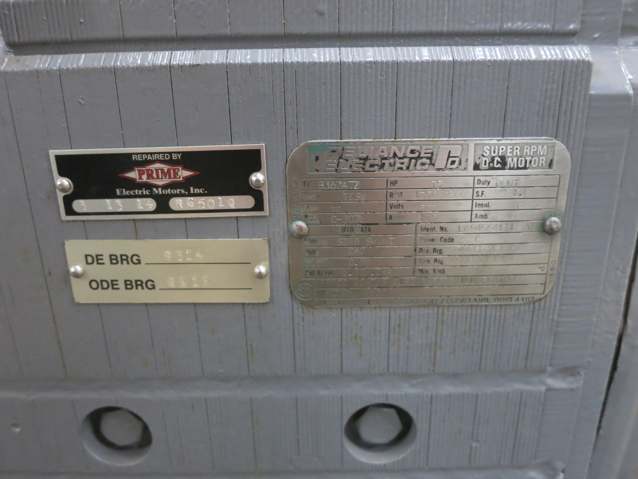 REBUILT Reliance 75 HP DC Motor B367ATZ TESV 500V 1750/2300 RPM TR 125A 500 VDC (DW6692-1)