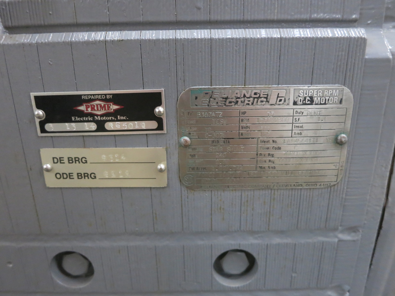 REBUILT Reliance 75 HP DC Motor B367ATZ TESV 500V 1750/2300 RPM TR 125A 500 VDC (DW6692-1)