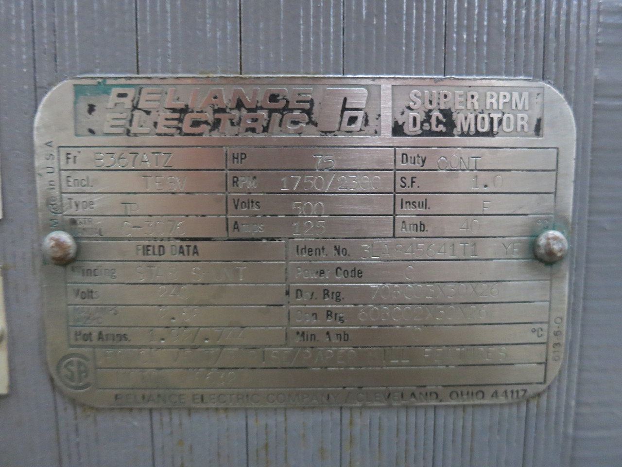 REBUILT Reliance 75 HP DC Motor B367ATZ TESV 500V 1750/2300 RPM TR 125A 500 VDC (DW6692-1)