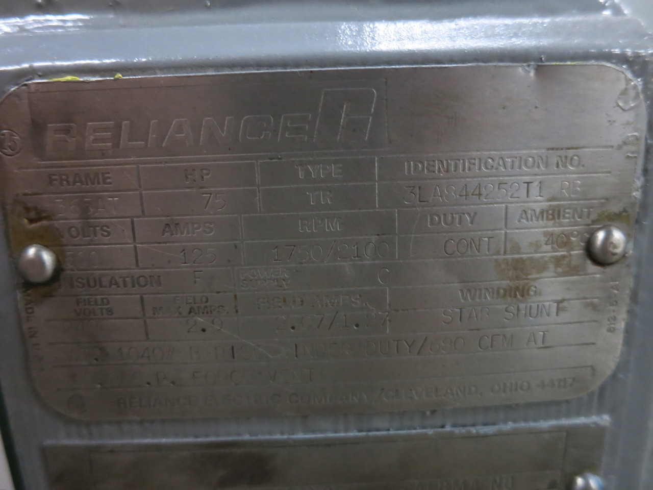 REBUILT Reliance 75 HP DC Motor 365AT 500V 1750/2100 RPM Type TR 125A 500 VDC (DW6690-1)