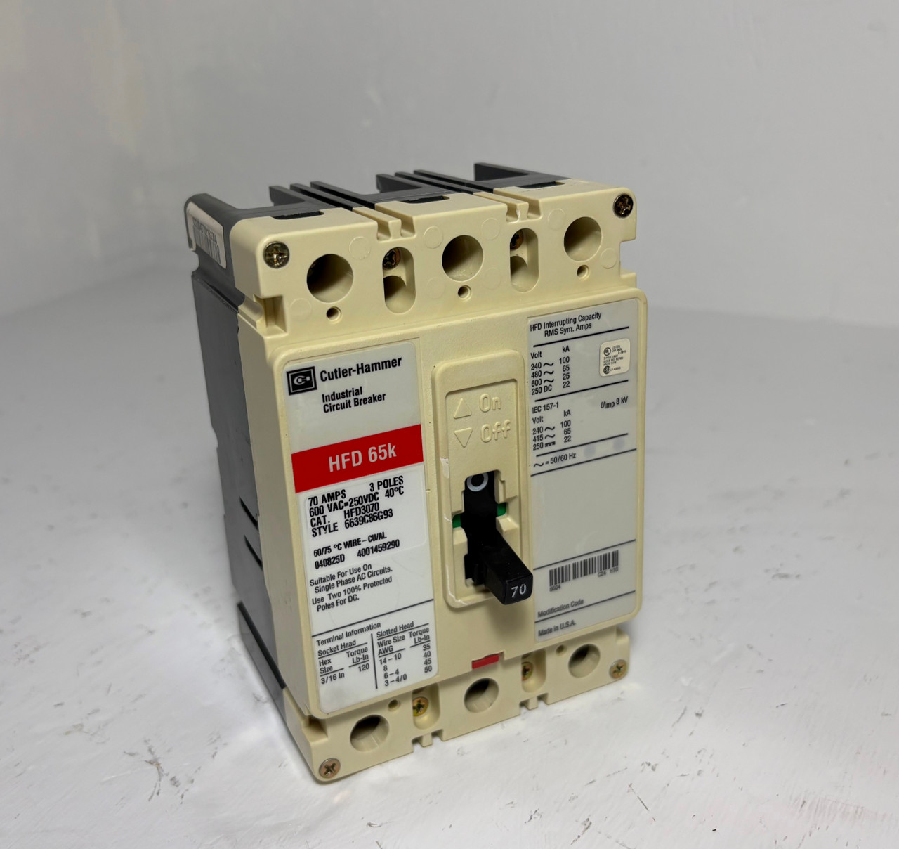 Cutler-Hammer HFD3070 70A Circuit Breaker Glossy Red 3P 480/600V HFD3070L 70 Amp (EM5287-1)