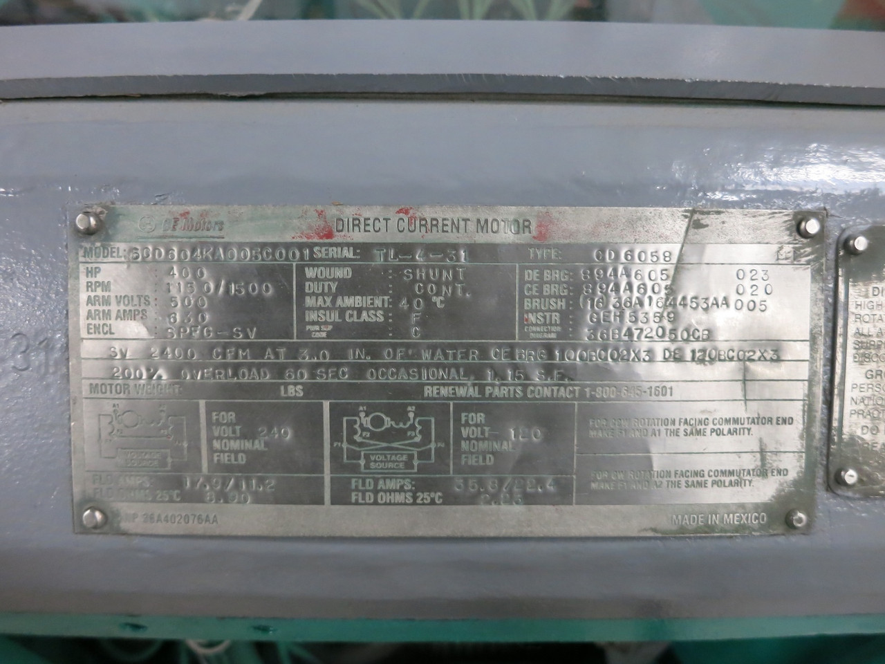 REBUILT GE 400 HP DC Motor CD6058 SPFG-SV 500V 1150/1500 RPM 500 VDC 6058 200%OL (DW6687-1)