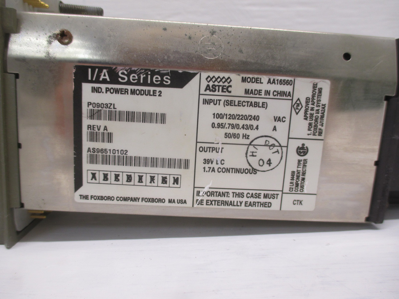 I/A Series Foxboro P0903ZL (Rev A) AA16560 Ind. Power Module 2 39 VDC 1.7A Cont. (AH0188-16)