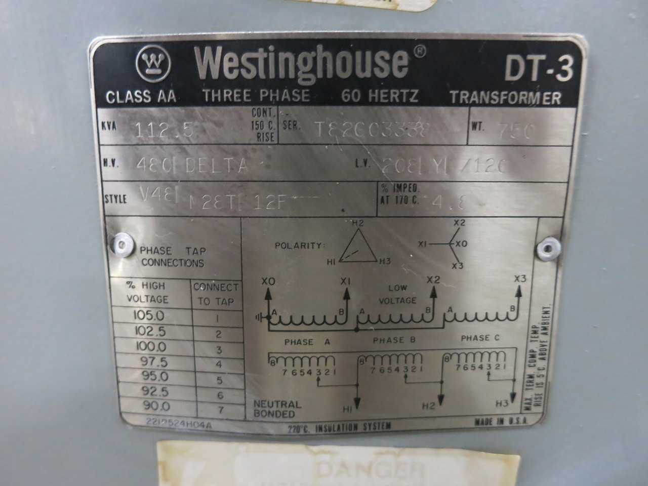 Westinghouse 112.5 kVA 480 Delta - 208Y/120 3PH Dry Type Transformer V48M28T12F (DW6717-5)