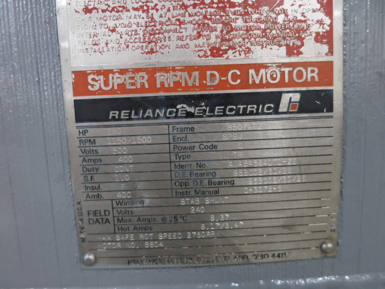 REBUILT Reliance 250 HP DC Motor B507ATZ 500V 1150/1500 RPM Type TR 400A 500 VDC (DW6732-1)