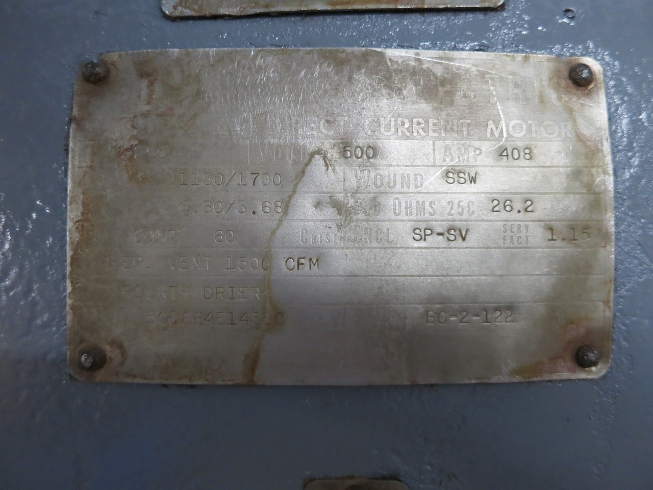 GE 250 HP DC Motor 500V 1150/1700 RPM SP-SV 408A 500 VDC Kinamatic SPSV 250HP (DW6740-1)