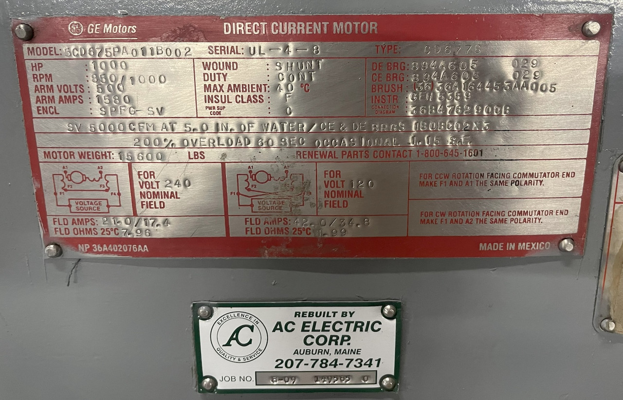 REBUILT GE 1000 HP DC Motor CD6778 500V 850/1000 RPM SPFG-SV 200% Ovld 500 VDC (PM3223-1)