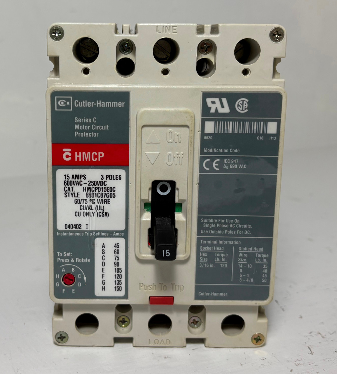 Cutler Hammer HMCP015E0C 15A Circuit Breaker Glossy 480/600V 3P HMCP 15 Amp (EM5291-3)