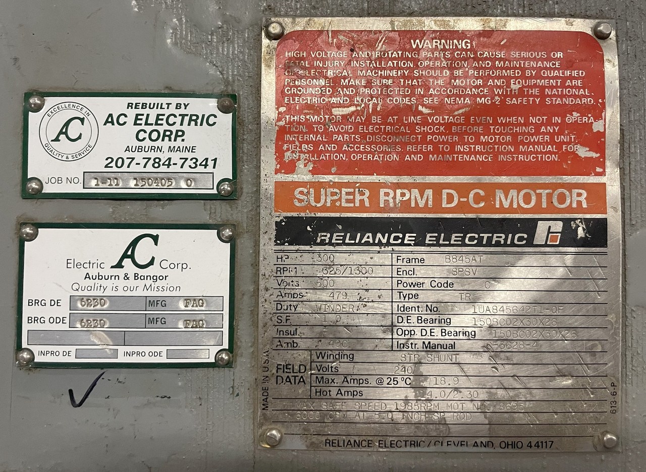 REBUILT Reliance Electric DC Motor 300 HP B845AT 325/1300 RPM SPSV