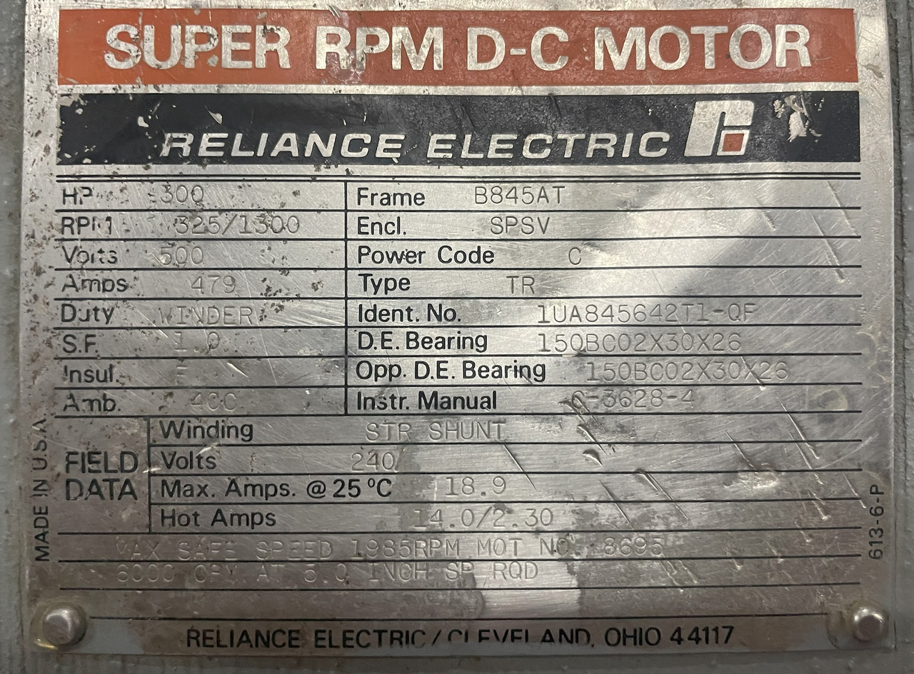 REBUILT Reliance Electric DC Motor 300 HP B845AT 325/1300 RPM SPSV Insul F 479 A (PM3224-1)