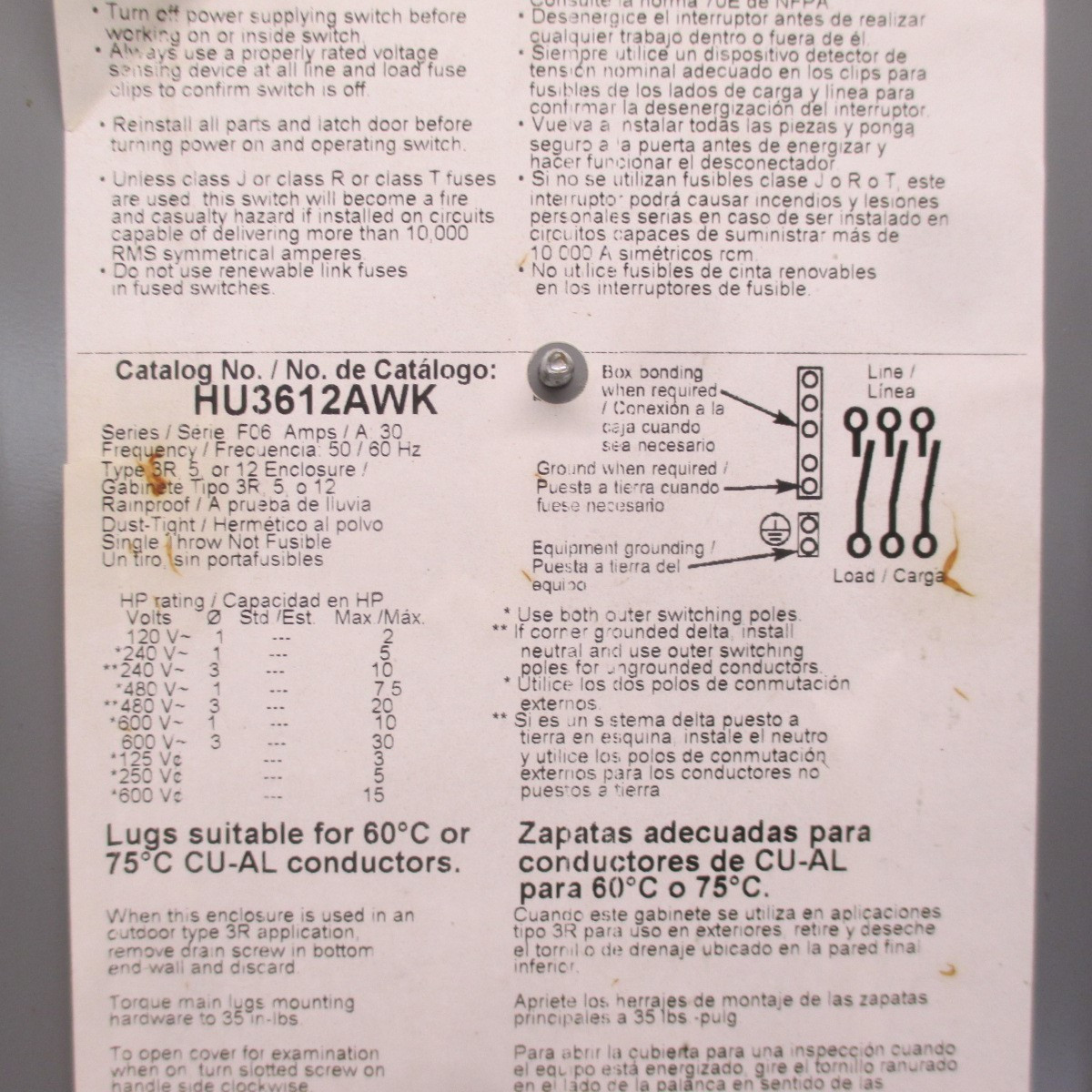 Square D HU3612AWK 30A 600V Non-Fusible Safety Switch Disconnect 30 Amp HU3612 (AH0220-1)