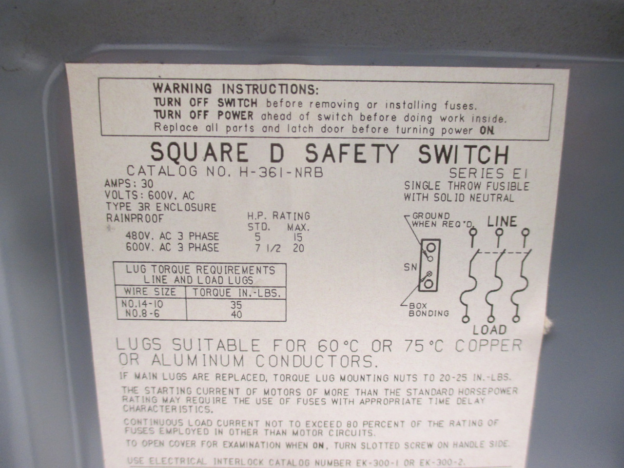 Square D  H-361-NBR Ser E1 30A Fusible Safety Switch Disconnect 600V 30 Amp H361 (AH0234-1)