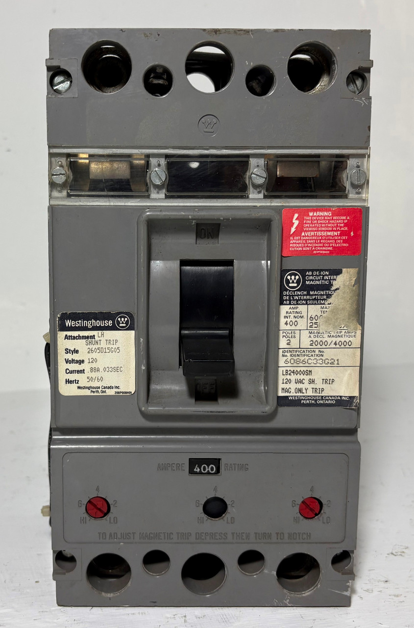 Westinghouse LB2400FS 400A 2 Pole Circuit Breaker 400 Amp Trip Shunt 2P LB2400 (EM5309-2)