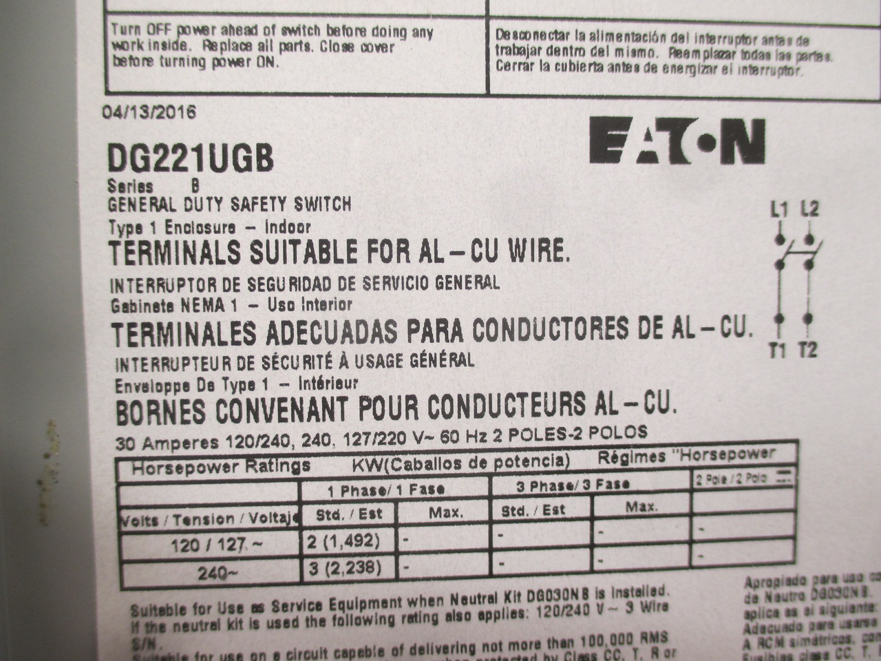 NEW Eaton DG221UGB 30A Non-Fusible General Duty Safety Switch 30 Amp 240V 1PH (AH0256-3)