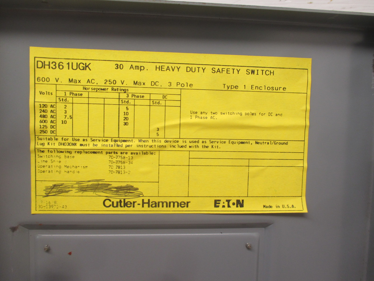 Eaton DH361UGK 30A 600V Non-Fusible Heavy Duty Safety Switch 30 Amp (AH0259-8)