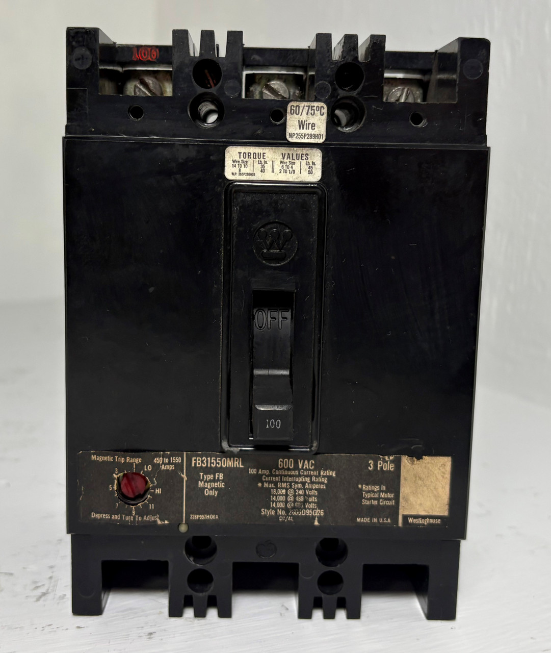 Westinghouse FB31550MRL 100A Circuit Breaker 480/600V 3P Type FB 100 Amp FB3100 (EM5315-1)