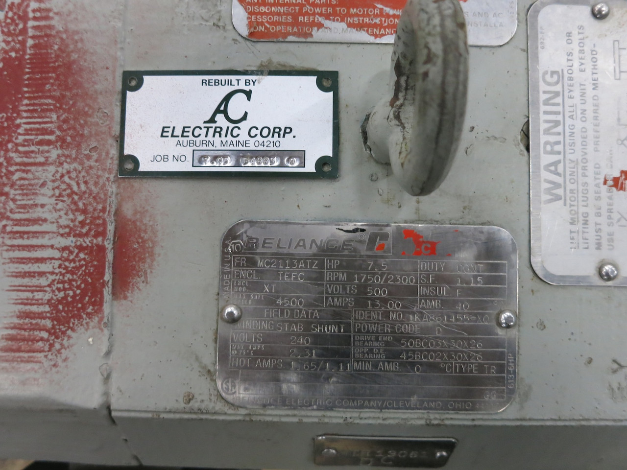 REBUILT Reliance 7.5 HP DC Motor 500V 1750/2300 RPM MC2113ATZ TEFC 13A TR 7.5HP (DW6776-1)