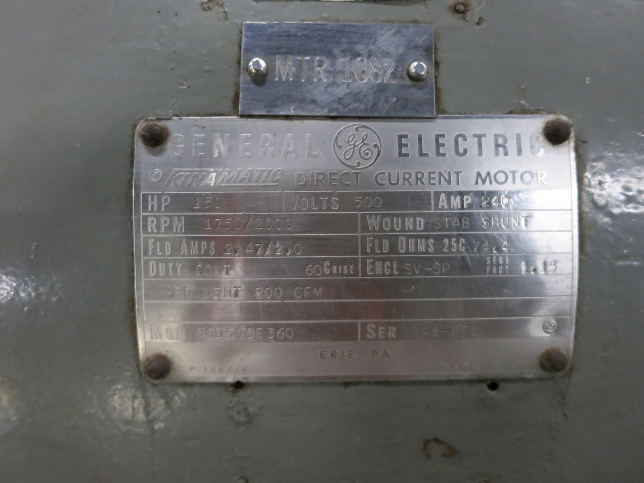 GE 150 HP DC Motor 500V 1750/2000 RPM 240A SV-SP KinaMatic 5CD505E360 500 VDC (DW6791-1)