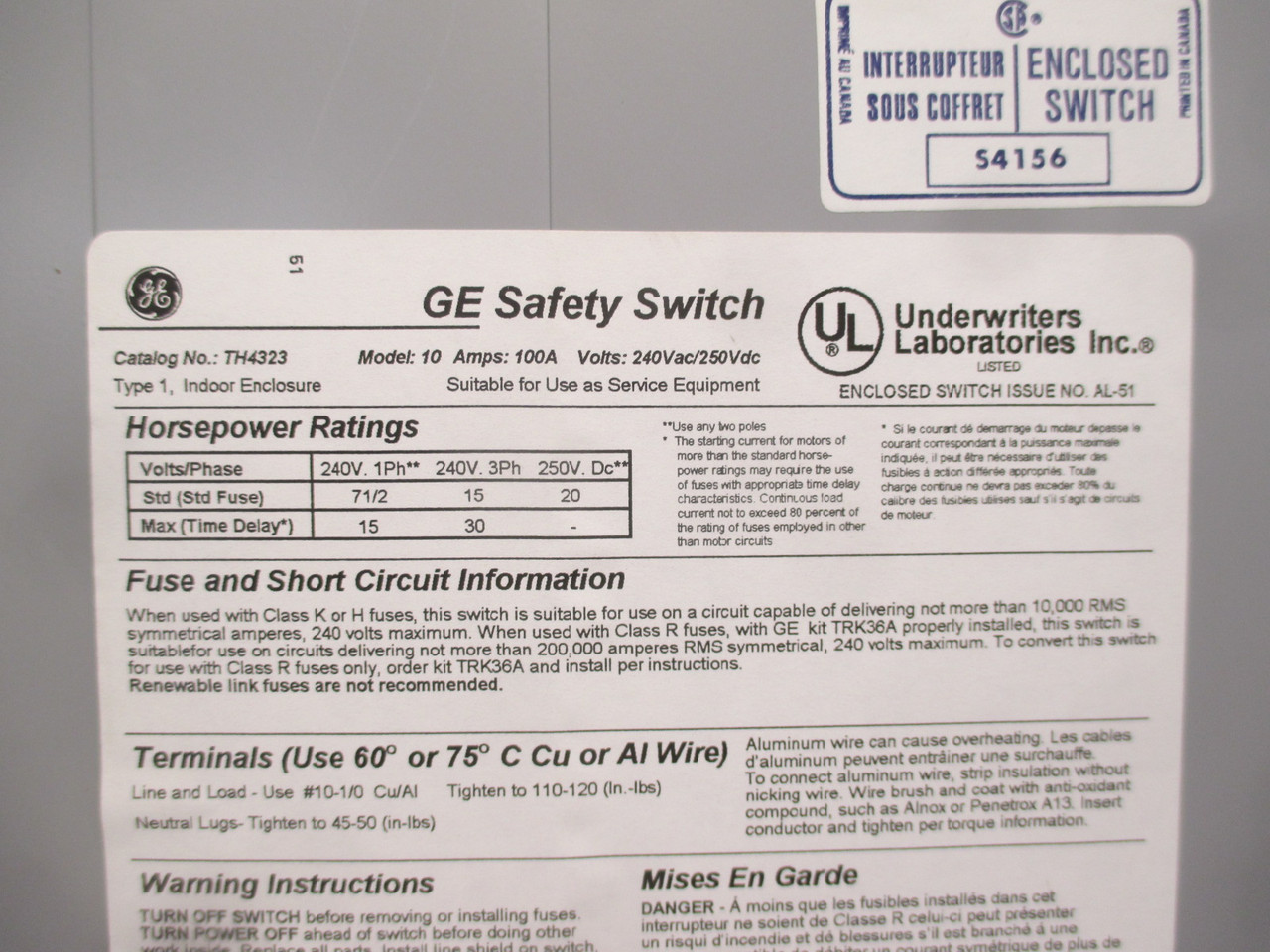 GE TH4323 100A 240V Heavy Duty Fusible Safety Switch Model 10 General Electric (AH0271-1)
