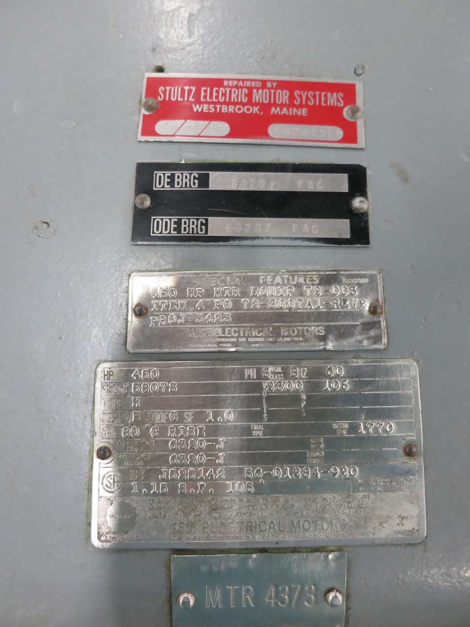 REBUILT US Motors 450 HP 2300V AC Motor 1770 RPM 5807S 105A 3PH 1750 2300 VAC (DW6801-1)