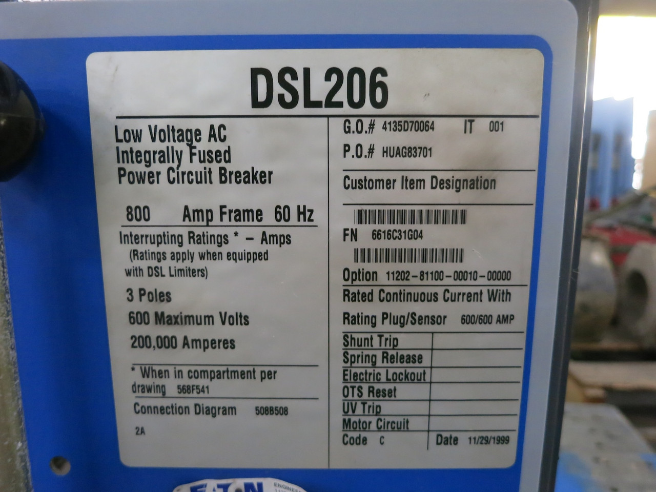 Cutler Hammer DSL206 800/600 Amp Air Breaker S53LS LS Trip Unit 600A DSL-206 (DW6799-1)