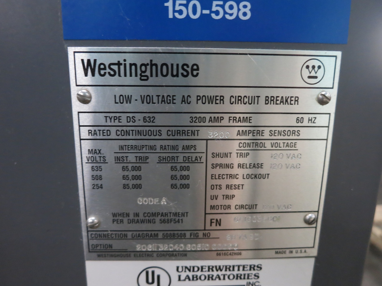 Westinghouse DS-632 3200A Air Breaker Amptector I-A LSG Trip 3200 Amp DS632 (DW6800-1)