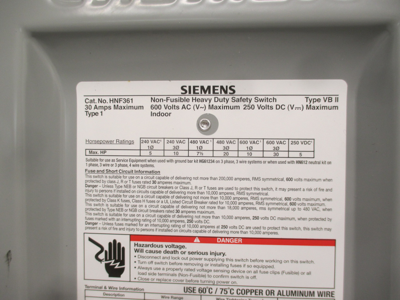 Siemens HNF361 30A 600V Non-Fusible Safety Disconnect Switch 30 Amp HNF-361 (AH0282-3)