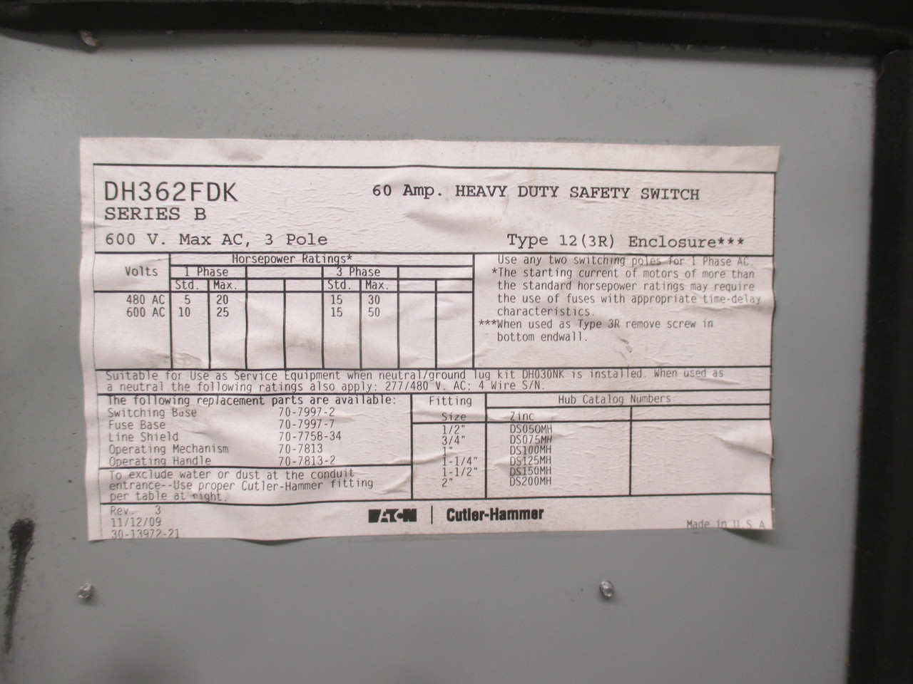 Cutler Hammer DH362FDK 60 Amp 3R Fusible Heavy Duty Safety Switch Series B 600V (AH0284-2)