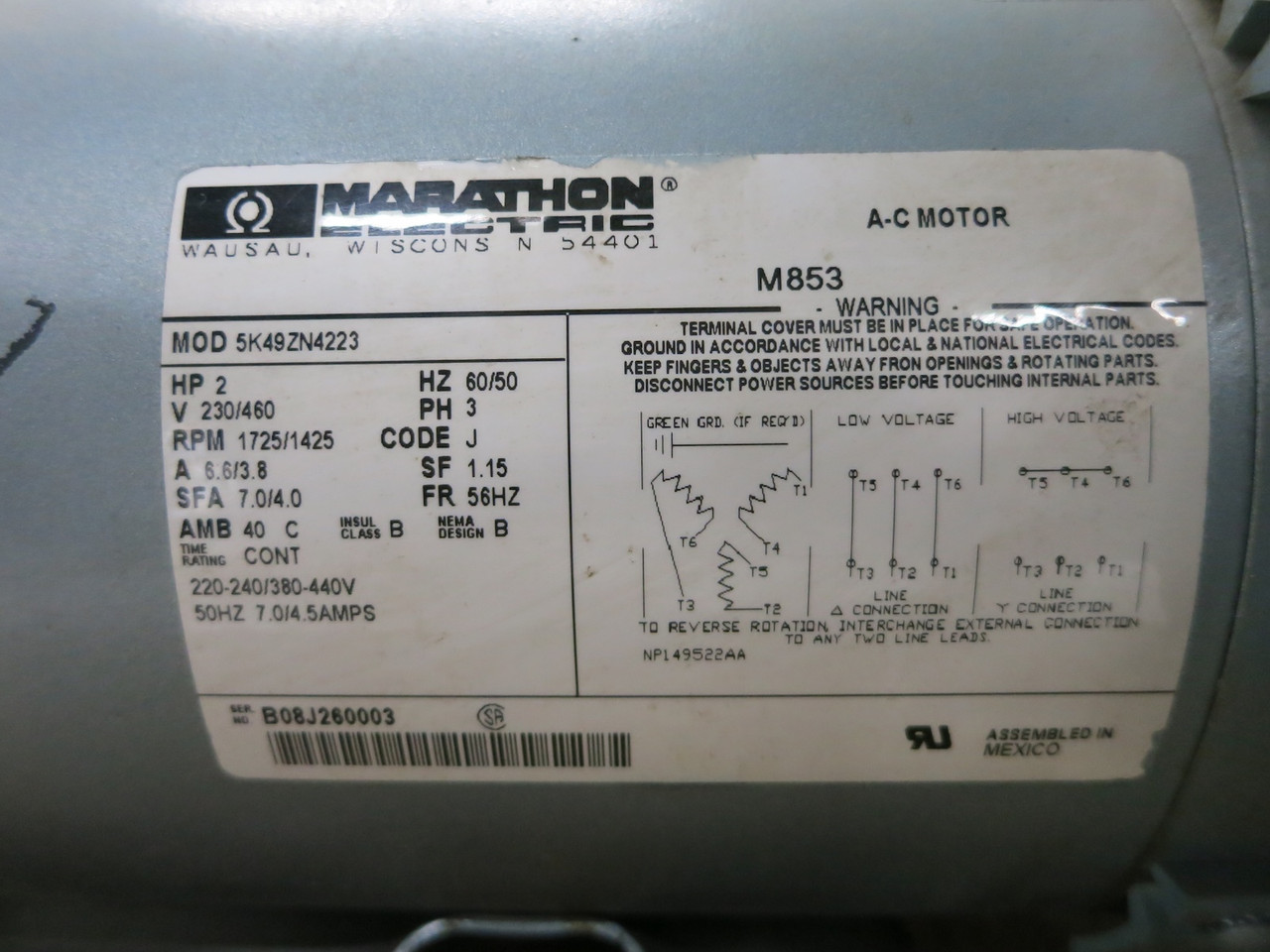 NEW Gast 7HDD-10-M853 Piston Air Compressor Pump 2 HP Motor 5K49ZN4223 230V 3PH (DW6804-1)