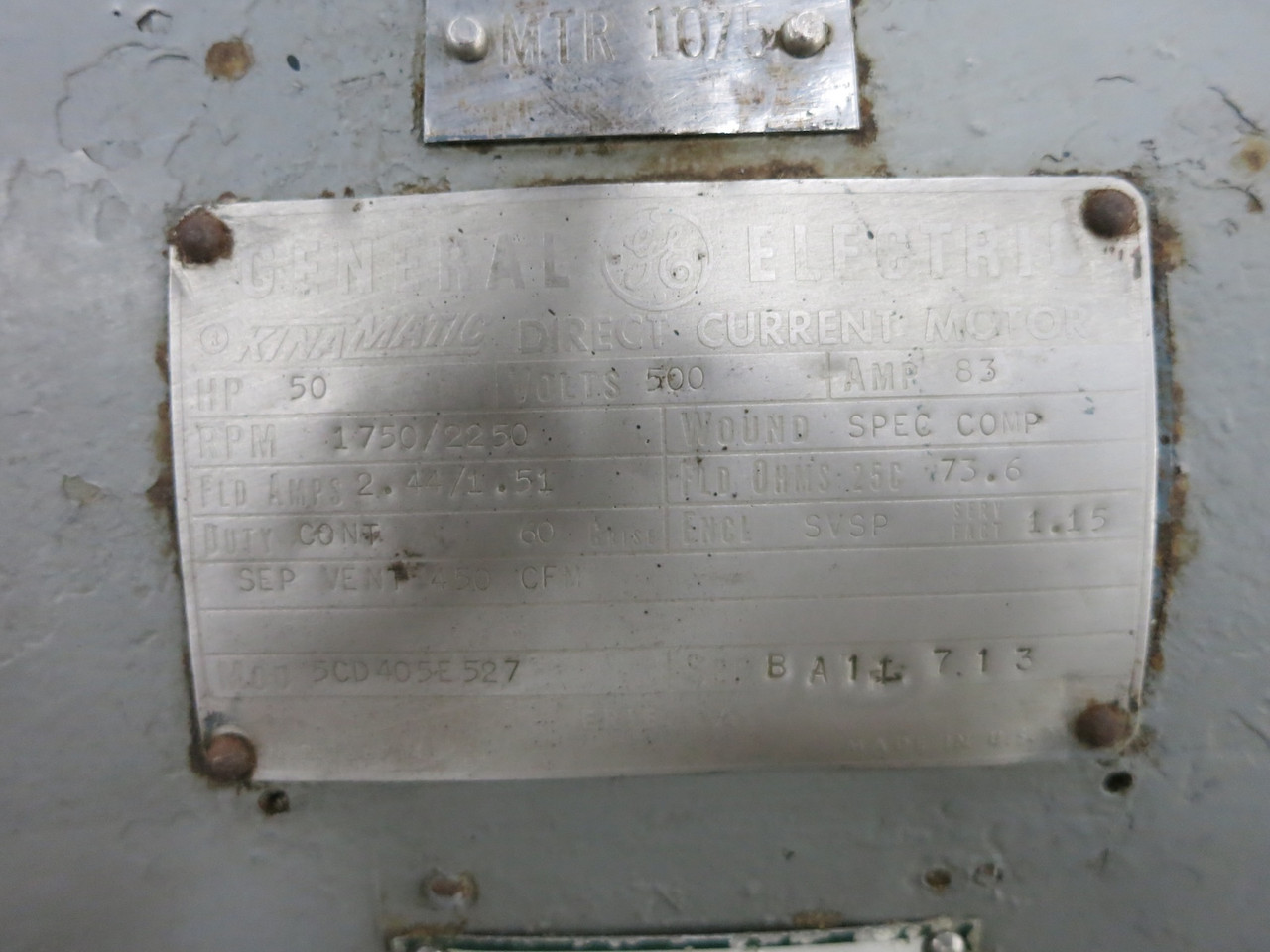 GE 50 HP DC Motor 5CD405E527 500V 1750/2250 RPM SVSP 500 VDC Kinamatic 83A (DW6805-1)
