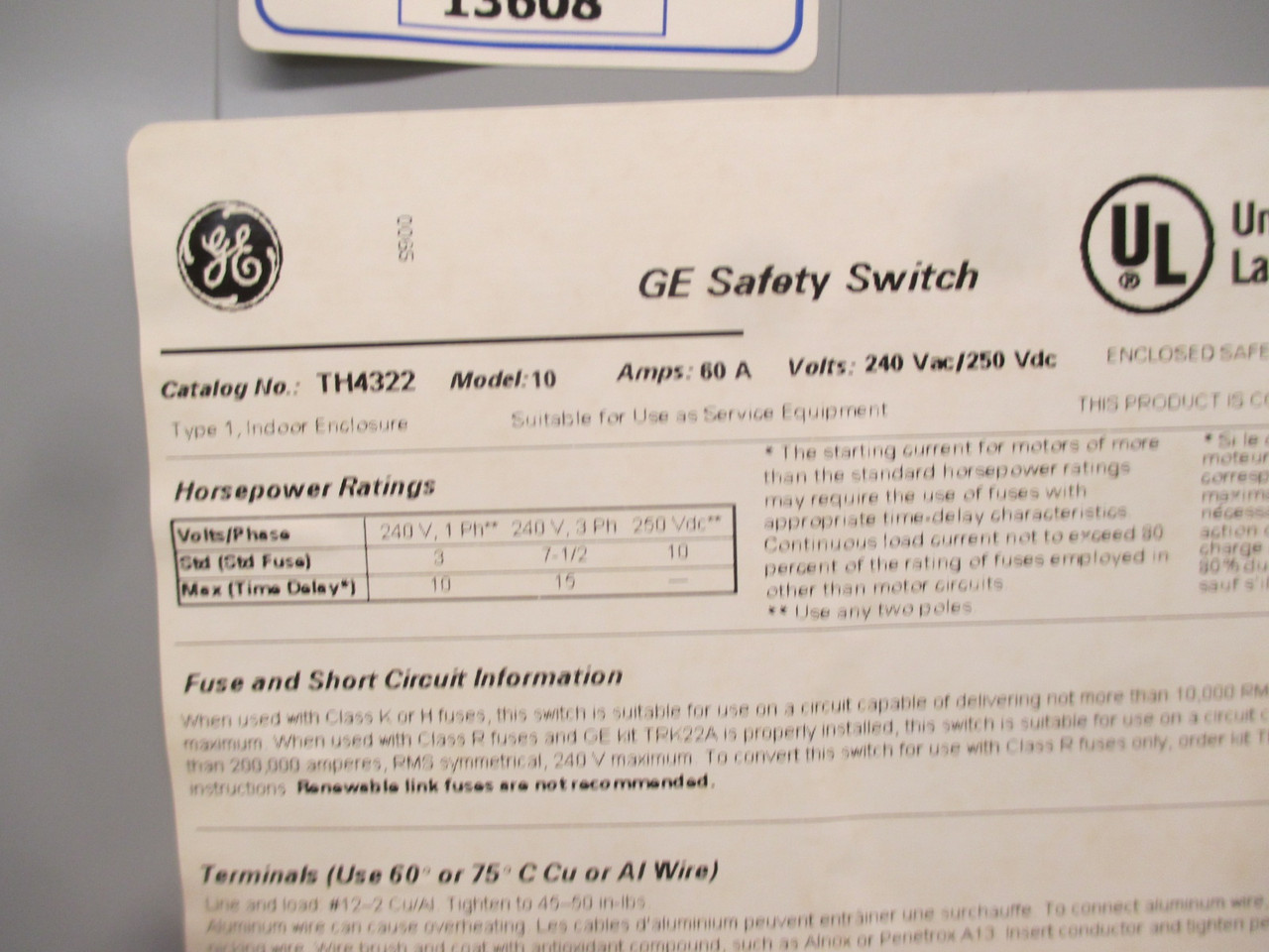 NEW GE TH4322 Mod 10 60 Amp 240V 3W Heavy Duty Fusible Safety Switch New No Box (AH0288-3)