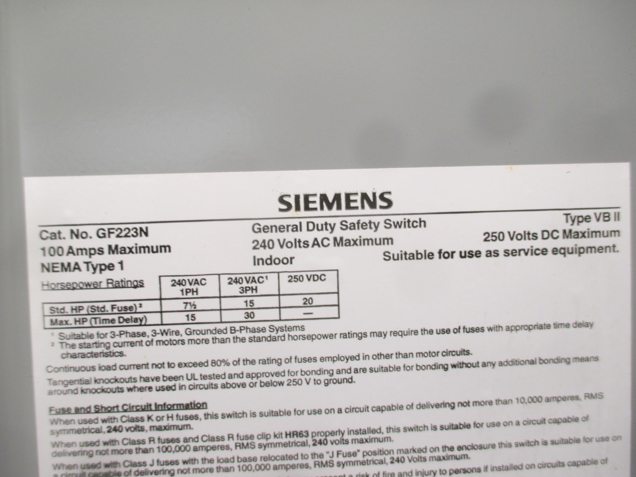 Siemens GF223N 100A 240V Fusible Safety Switch Disconnect 100 Amp 2P 1PH (AH0300-1)