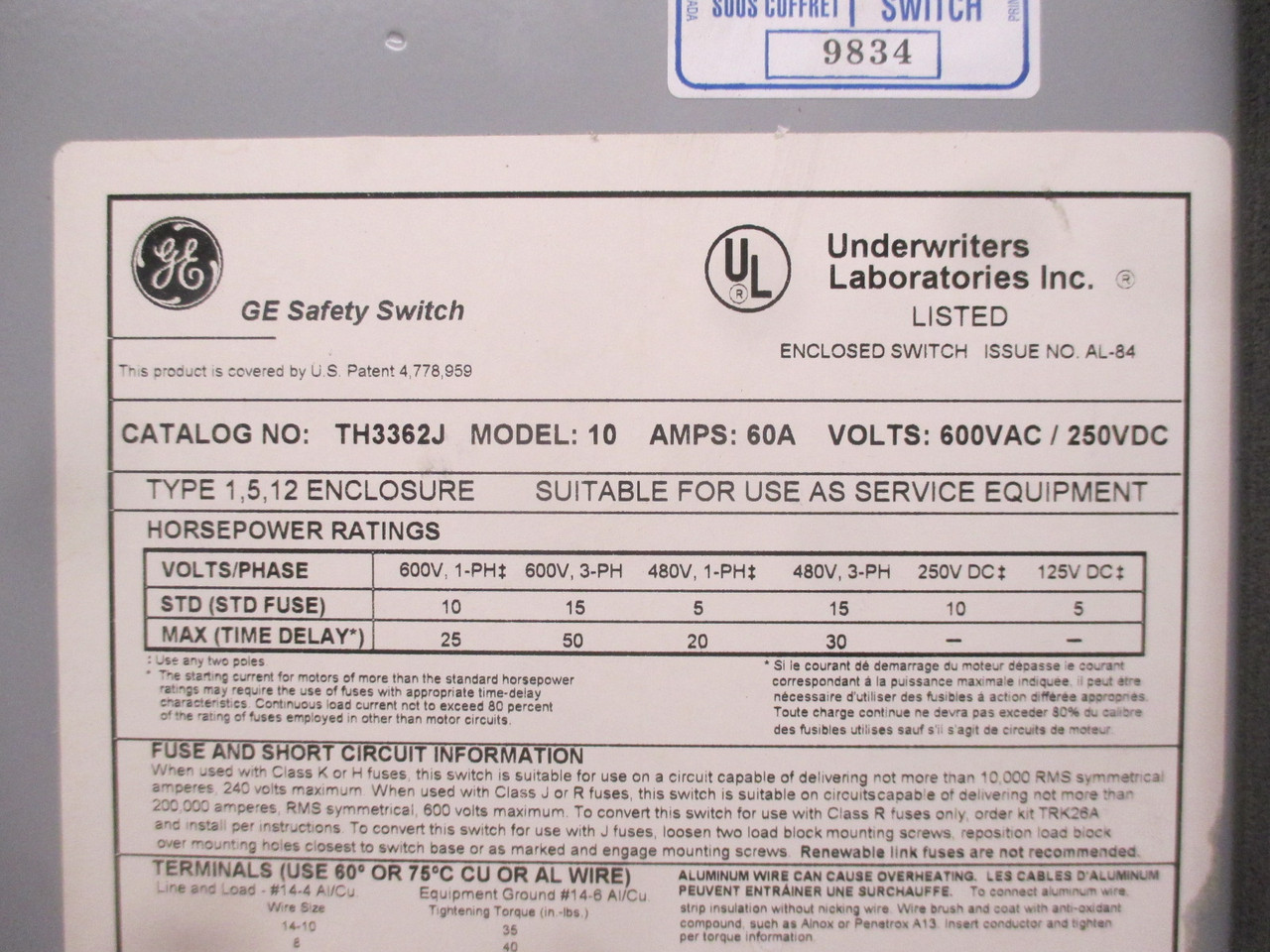 General Electric GE TH3362J Mod 10 60 Amp 600V Heavy Duty Fusible Safety Switch (AH0316-1)