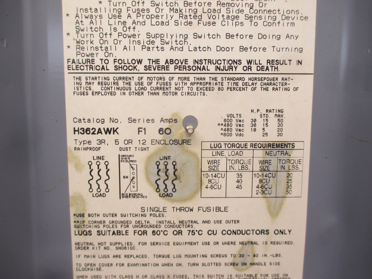 Square D H362AWK Ser F1 60A Fusible Safety Switch Disconnect 600V 60 Amp H362 3R (AH0320-1)
