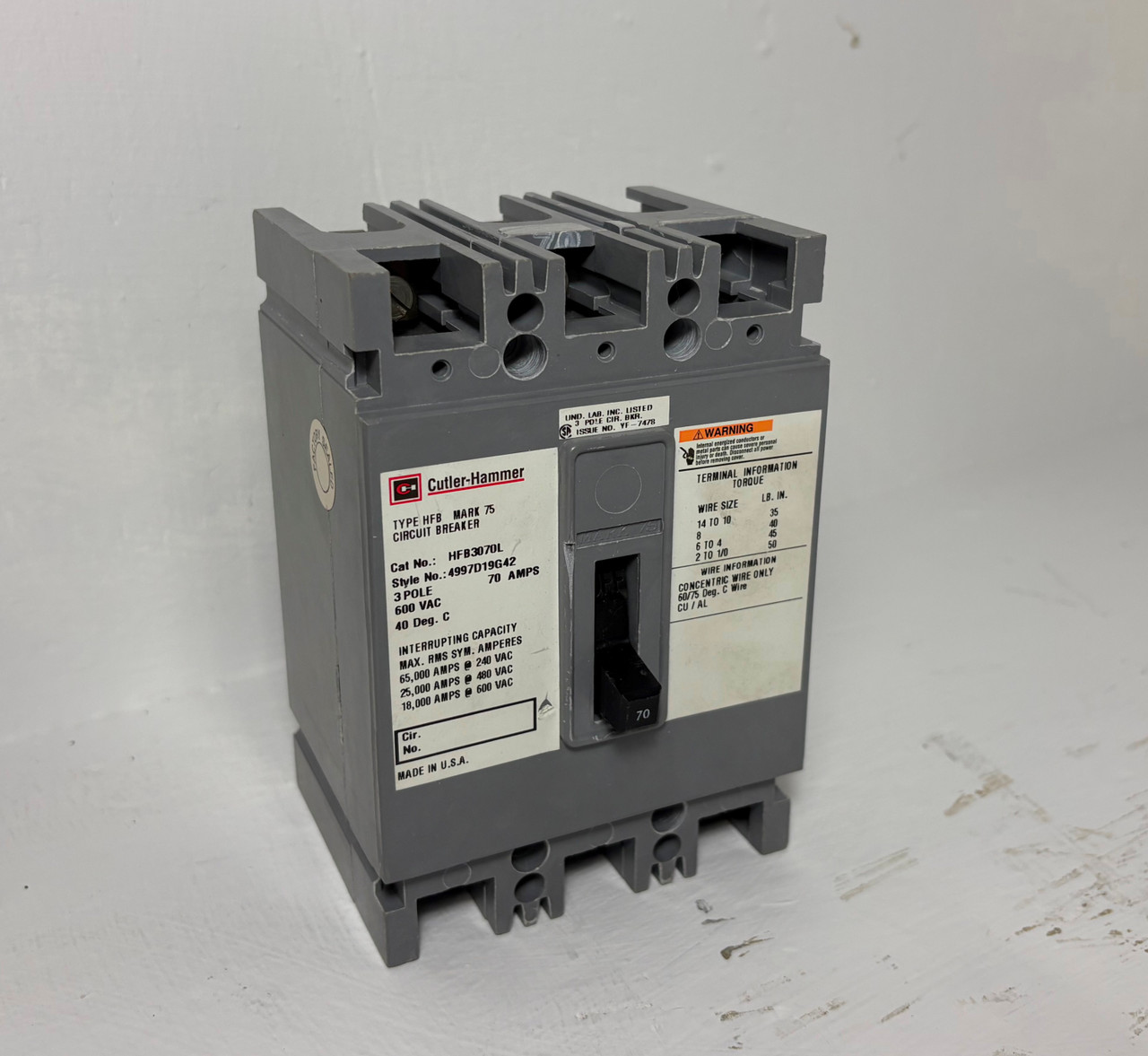 Image of Cutler Hammer HFB3070L 70A Mark 75 Circuit Breaker White Label 3P HFB3070 70 Amp