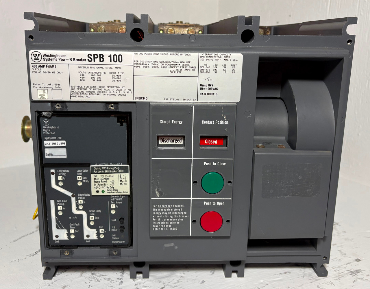 Westinghouse SPB 100 SPBR34D56 400A Pow-R LSIG Breaker w 400 Amp Plug Aux Ground (EM5349-1)